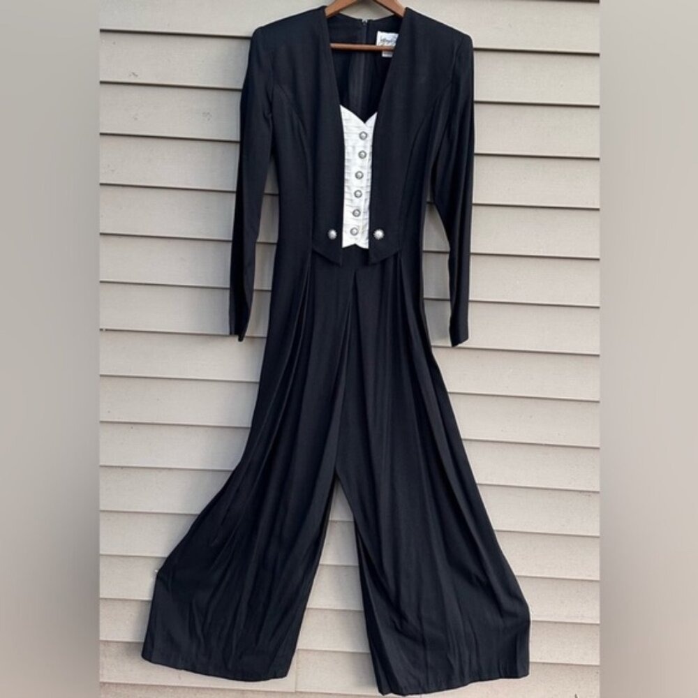 Vintage tuxedo jumpsuit wide leg palazzo pants 80s wedding homecoming